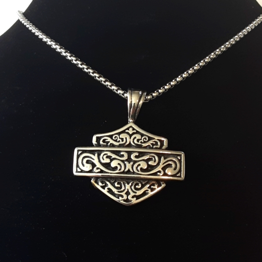 Stainless steel Harley Davidson shield and bar pendant with chain
